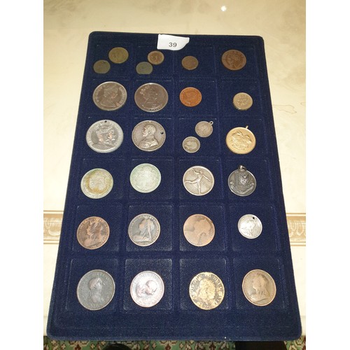 39 - Selection of coins to include george 3rd bun penniesvictorian pennies silver hallmarked medals ect