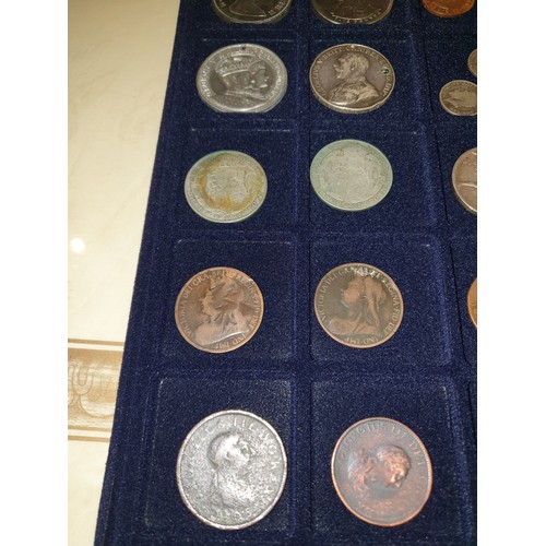 39 - Selection of coins to include george 3rd bun penniesvictorian pennies silver hallmarked medals ect