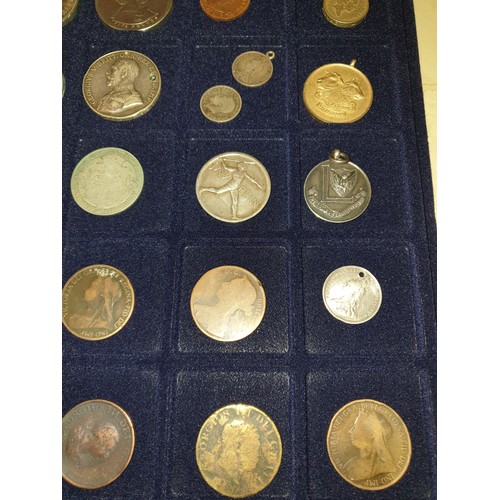 39 - Selection of coins to include george 3rd bun penniesvictorian pennies silver hallmarked medals ect