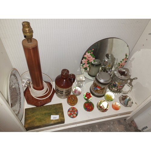 237 - Shelf Of Collectables Paperweights Tankards Convex Mirror Onyx Box Ect