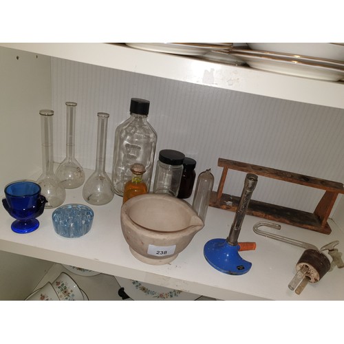 238 - Shelf Of Chemistry Utensils Jars Test Tube Holder Bunsen Burner Ect