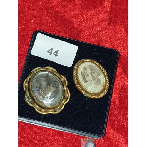 44 - 2 Victorian Pinchbeck Brooches 1 is a Mourning Brooch With Lock Of Hair