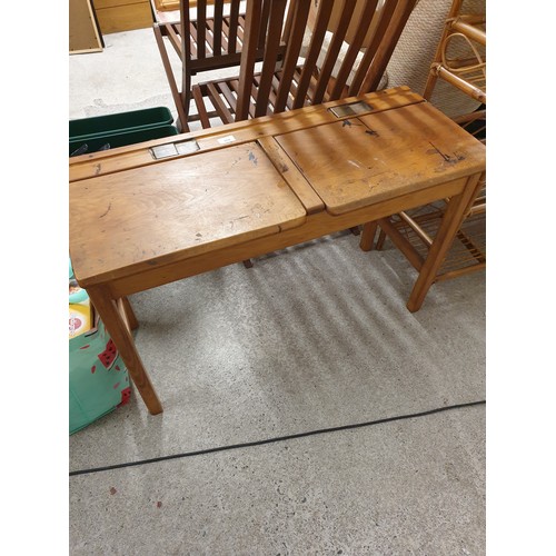 264 - Vintage Childs Double Twin School Desk With Brass Ink Wells