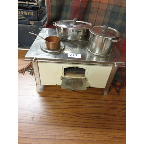 217 - Super Rare Dolls House Omega Metal And Enamel Stove With Pots And Pans