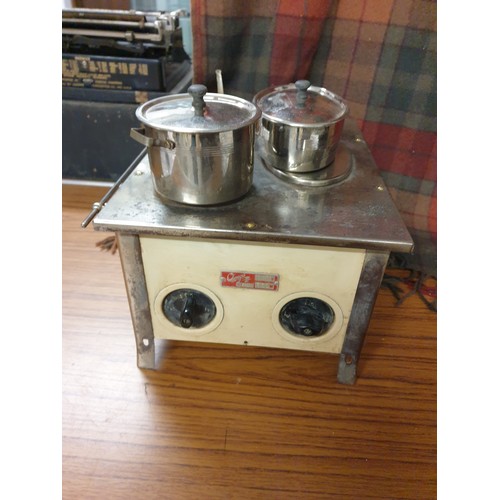 217 - Super Rare Dolls House Omega Metal And Enamel Stove With Pots And Pans