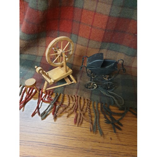 232 - Arts And Crafts Dolls House Spinning Wheel And Cast Metal  Prambulator