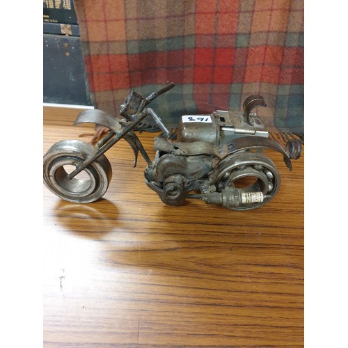 168 - Arts And Crafts Cast Metal Motorbike And Side Car Made From Car And Motor bike Parts