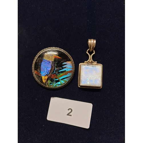 2 - Silver And Mother Of Pearl Pendant And Silver Butterfly wing Brooch Depicting Kukaburra