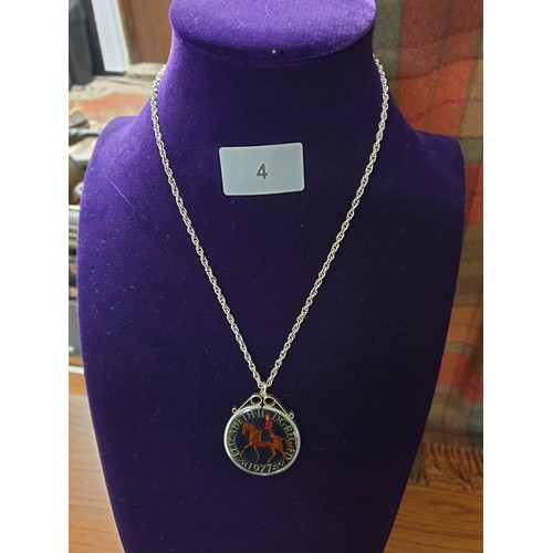 4 - Silver Chain With Queen Elizabeth Enamelled Coin In Sterling Silver Mount