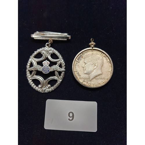 9 - Silver Half Dollar With Silver Mount And RAF Sweetheart Brooch