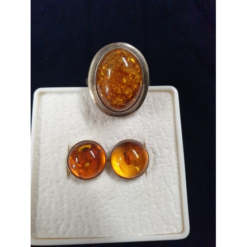 15 - Silver Amber Ring With Silver And Amber Ear Rings