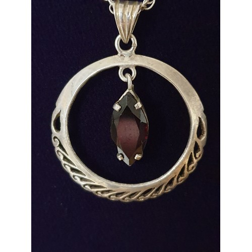 33 - Beautiful Silver Rope Chain With Stunning Silver Celtic Ring Pendant With Large Garnet Stone Droplet