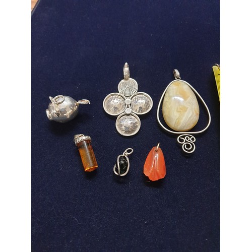 34 - Selection Of Silver Pendants To Include Very Heavt 4 Loop Pendant Silver Pig Pendant Amber Ect