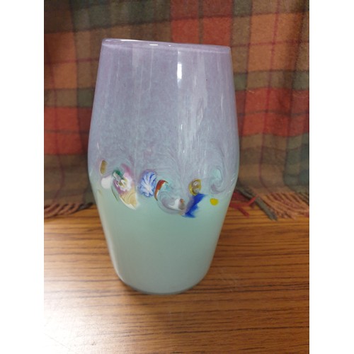 126 - Large Scottish Glass Strathearn Vase With Purple Adventurine Multi Colour Swirls With Pastel Green B... 