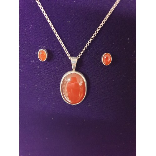 41 - Stunning Silver And Amber Pendant And Earring Set With Silver Belcher Chain