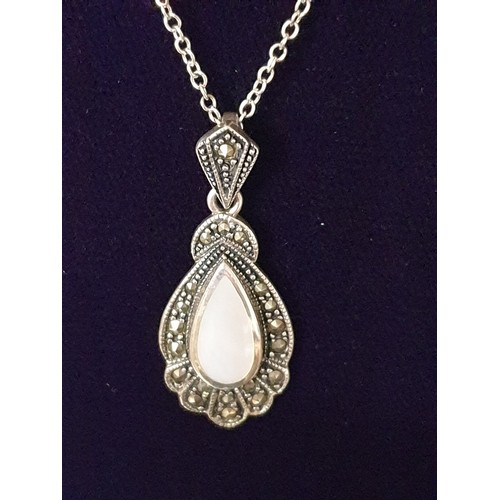 48 - Vintage Silver Mother Of Pearl With Marcasite On 20 Inch Silver Chain