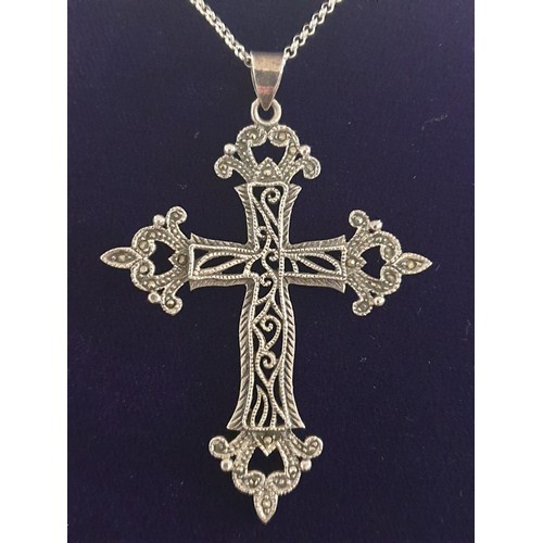 79 - Silver Necklace With Large Silver Fret Work Celtic Cross