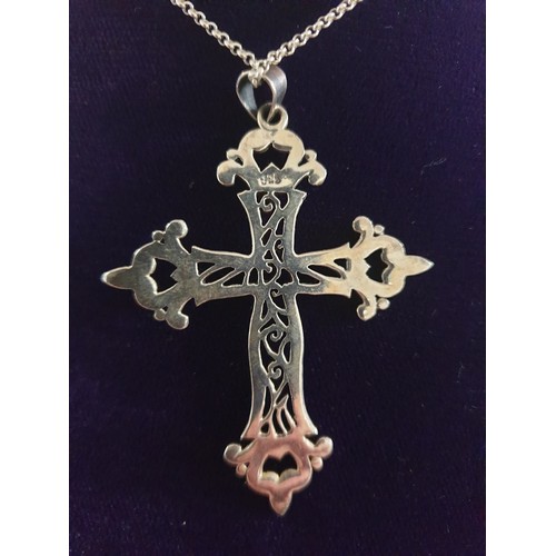 79 - Silver Necklace With Large Silver Fret Work Celtic Cross