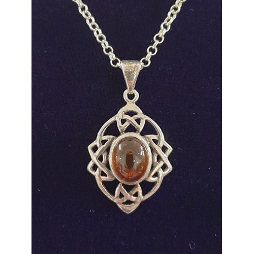 81 - Beautiful Silver And Amber Celtic Pendant On Silver Chain