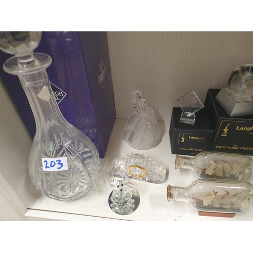 203 - Shelf Of Crystal And Glass To Include Edinburgh  Decanter Boxed  Langham Crystal Ect