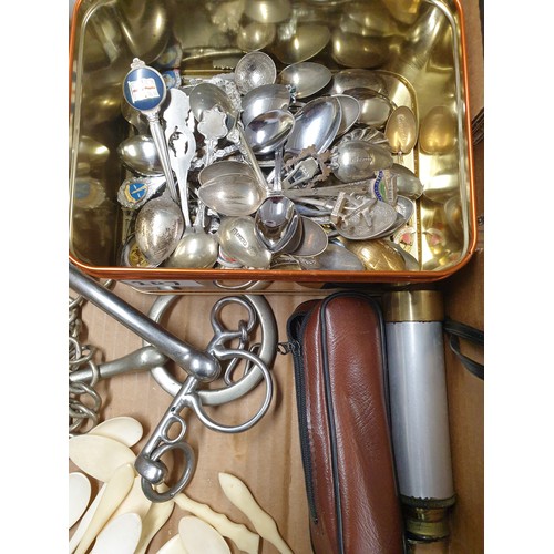 207 - Box Of Collectables To Include  Table Lighter Porridge Spoons Box Of Crested Ware Spoons Telescope E... 