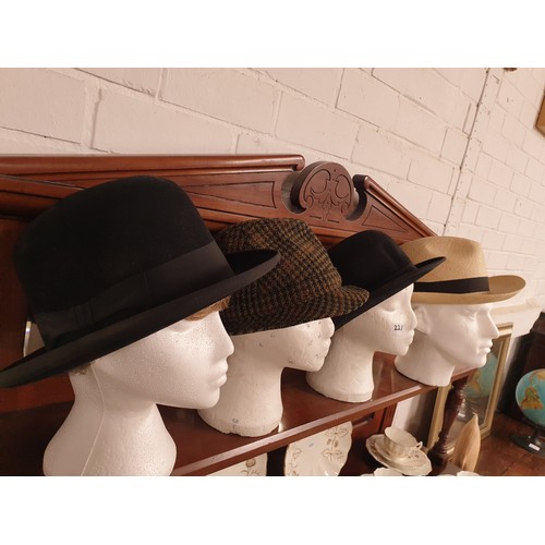 221 - 2 Bowler Hats Tweed Trilby Hat And Straw Hat