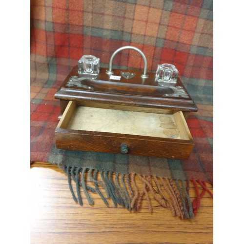 144 - Beautiful Oak Double  Ink Well Stand With White Metal Fittings And 2 Ink Wells