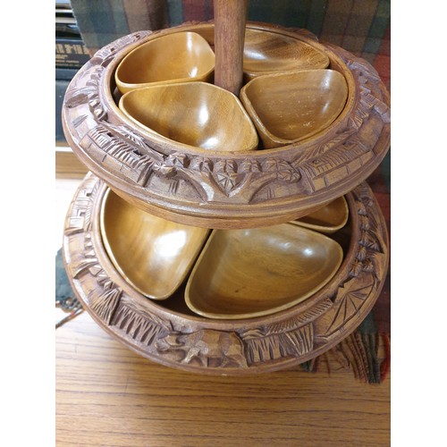 147 - Beautifully Carved Wood 3 Tier Serving Stand  65cms Tall And Largest Diameter 42cms  Beautiful Condi... 