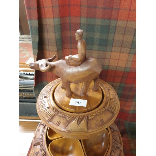 147 - Beautifully Carved Wood 3 Tier Serving Stand  65cms Tall And Largest Diameter 42cms  Beautiful Condi... 