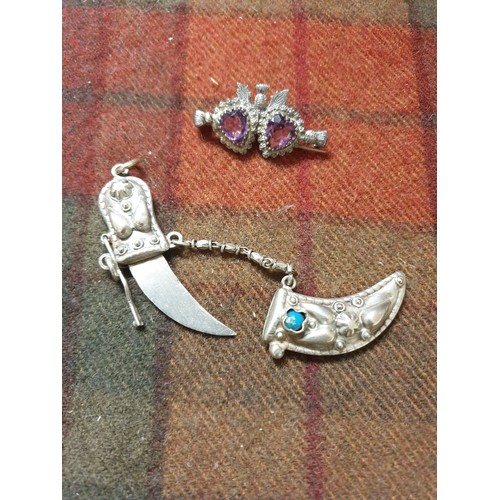 32 - Silver Hallmarked Double Heart Brooch And Silver Dagger Pendant