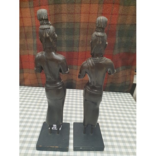 127E - Pair Of Bronze Possibly Tibetan Figures On Wooden  Stands