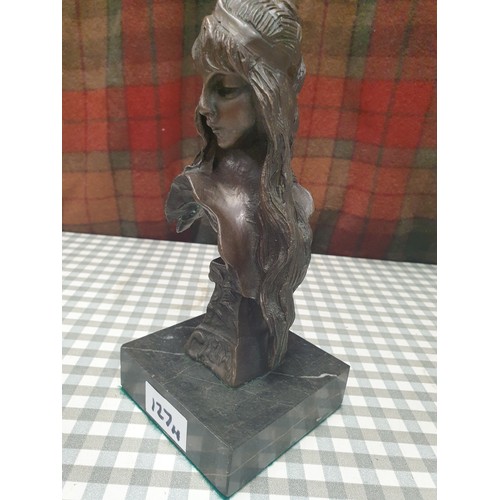 127H - Bronze Art Nuveau Bust Of Lady On Marble Stand