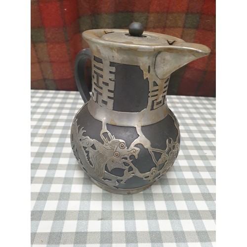 185 - Oriental Dragon Pattern Tea Pot  Black Basalt And White Metal Overlay