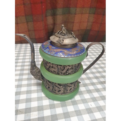 188 - 2 Oriental Tea Pots With White Metal Jade Style And Cloisonne With Monkey And Frog Covers Dragon And... 