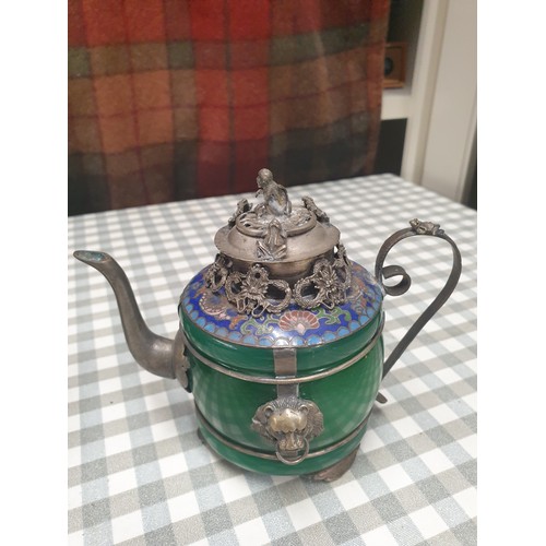 188 - 2 Oriental Tea Pots With White Metal Jade Style And Cloisonne With Monkey And Frog Covers Dragon And... 