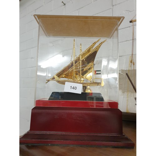 140 - Brass Sailing Boat In Perspex Case And Wooden Base