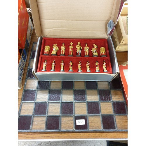 141A - Leaded Glass Chess Board With Hand Crafted Chess Set