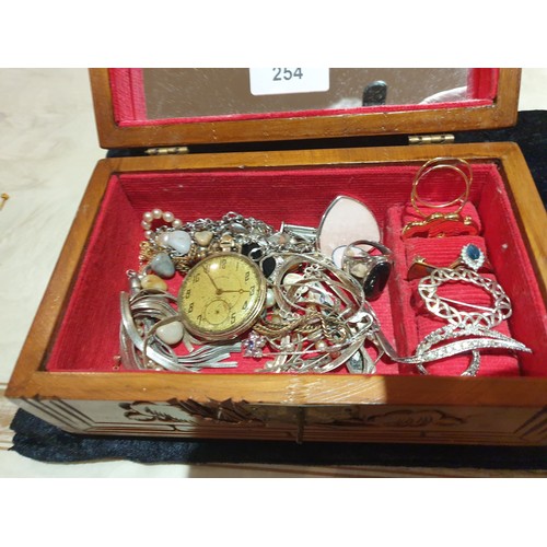 254 - Box Of Costume Jewellery To Include Pocket Watch Rings Brooches