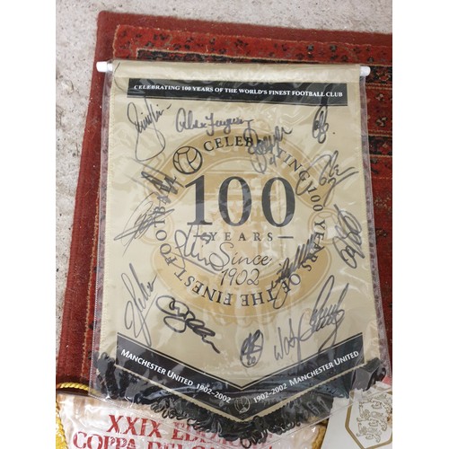 113 - A Selection Of Football Presentation Pennants Ect includes signed 100 years Manchester United FC inc... 