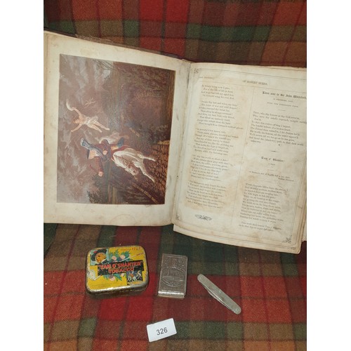 326 - Large Rabbie Burns Works Book With Tam o Shanter Tobacco Tin Match Box Holder And Pen Knife