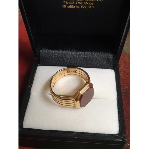 3 - 18ct Gold Signet Ring With Red Caversham Style Stone 6.9 g