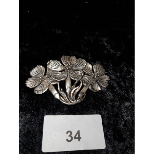 34 - Arts And Crafts Silver Large Brooch Triple Flower Design