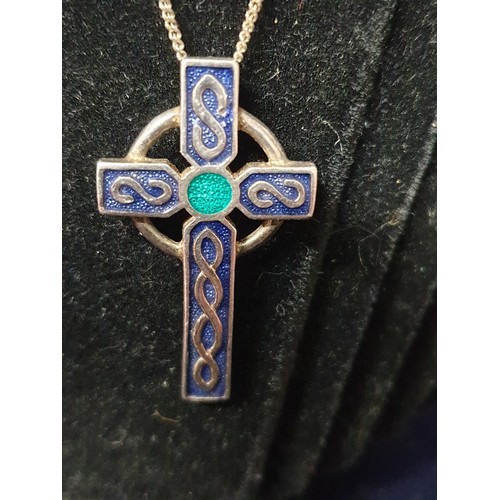 35 - Beautiful Silver And Enamel Celtic Iona Cross On Silver Chain  Makers Mark FE