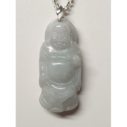 39 - Large Good Quality Silver Chain With Onyx/ Jade Style Large Buddah Pendant