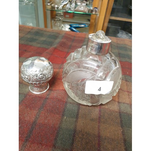 4 - Large Hob Nail Cut Glass Perfume Bottle With Silver Hall Marked Top And Collar With Stopper Stands 1... 