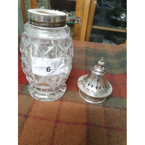 6 - Silver Hallmarked Top And Collared Cut Glass Sugar Sifter Makers Mark B.B.S Ld Birmingham Stands 17c... 