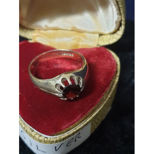 28 - Beautiful Silver Garnet Ring In Love Heart Box Size Q