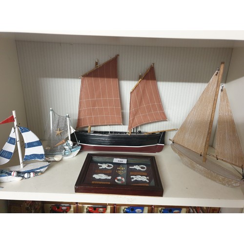 346 - Shelf Of Nautical Items Boats And Framed Nautiocal Knots etc