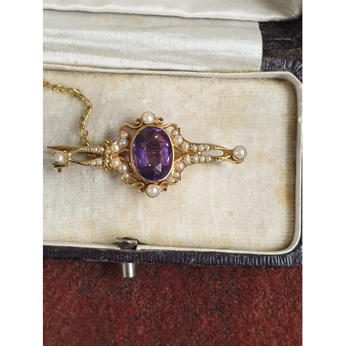 5 - 15ct Victorian Bar Brooch With Beautiful Amethyst And Seed Pearl Setting 3.5g