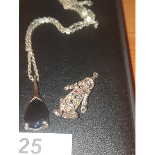 25 - Silver Chain And Pendant Chain Missing Link And Silver Clown With Moving Limbs Jewel Encrusted